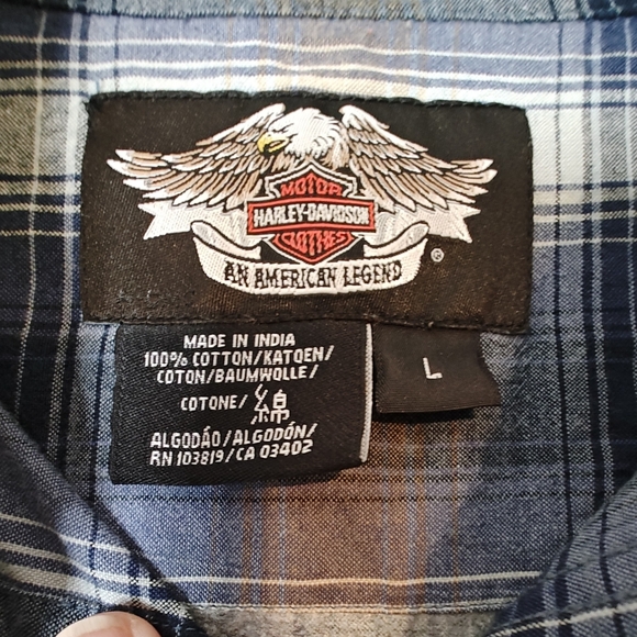 Harley Davidson Motorcycle HDMC Size L Men’s Button Up Blue Tan Plaid Shirt EUC - Picture 3 of 10
